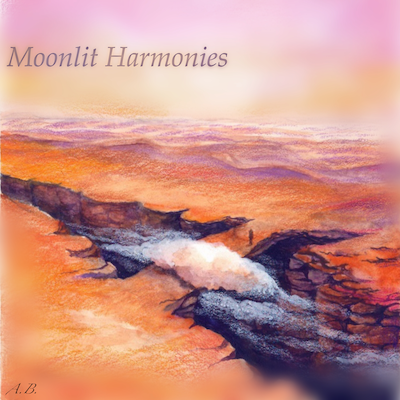 Record cover for Moonlit Harmonies, presenting an image of a chasm with a stone bridge across it, covered by a cloud